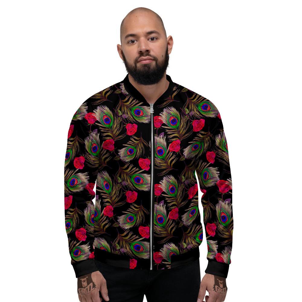 Floral Peacock Feather Print Pattern Men's Bomber Jacket-grizzshop