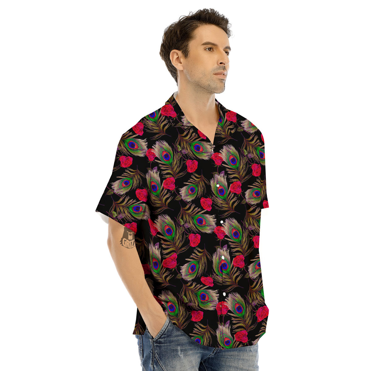 Floral Peacock Feather Print Pattern Men's Hawaiian Shirt-grizzshop