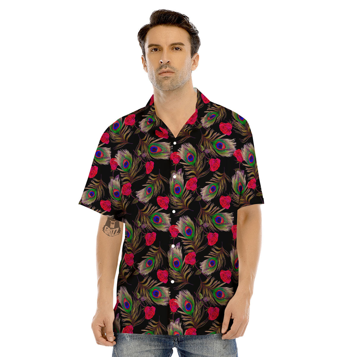 Floral Peacock Feather Print Pattern Men's Hawaiian Shirt-grizzshop