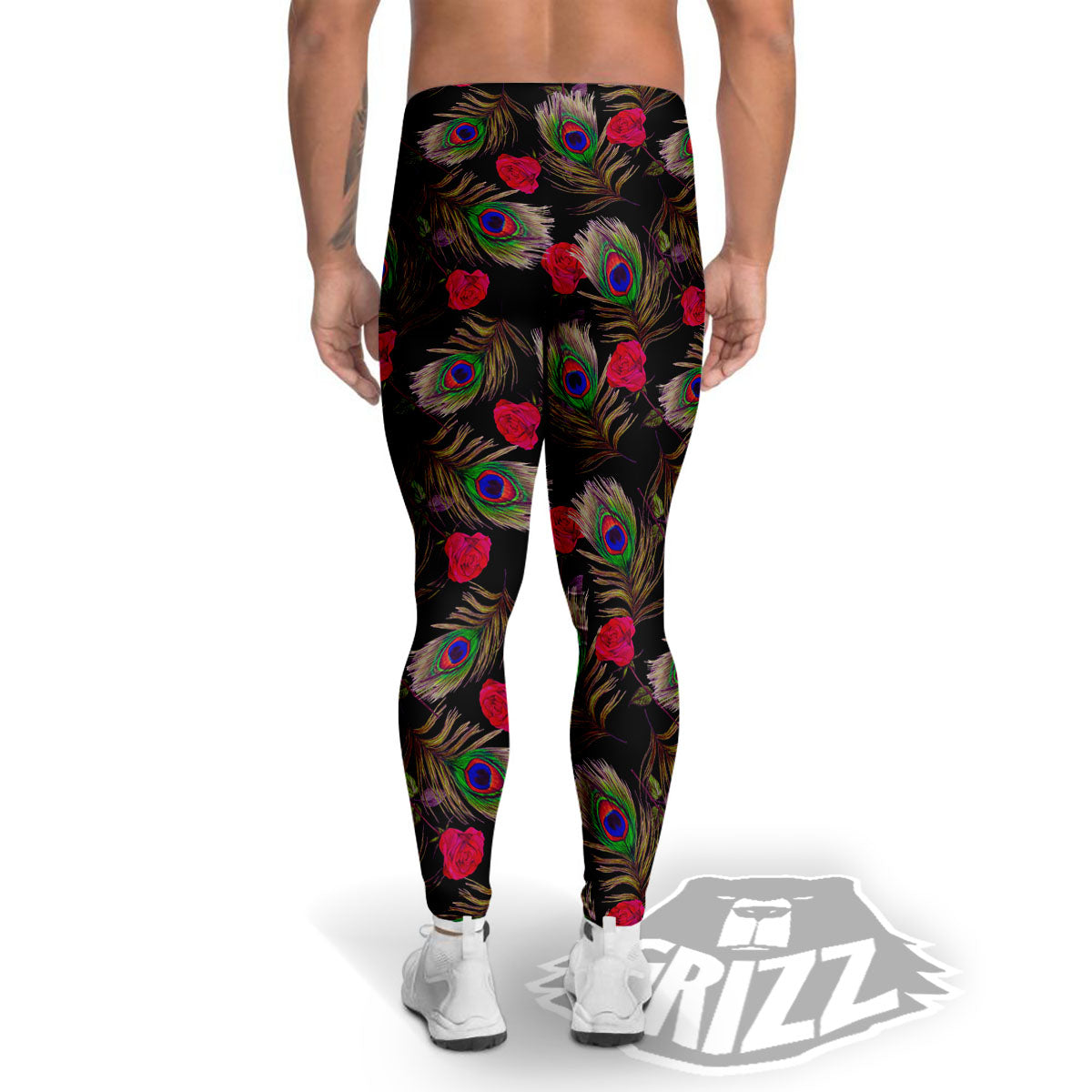 Floral Peacock Feather Print Pattern Men's Leggings-grizzshop