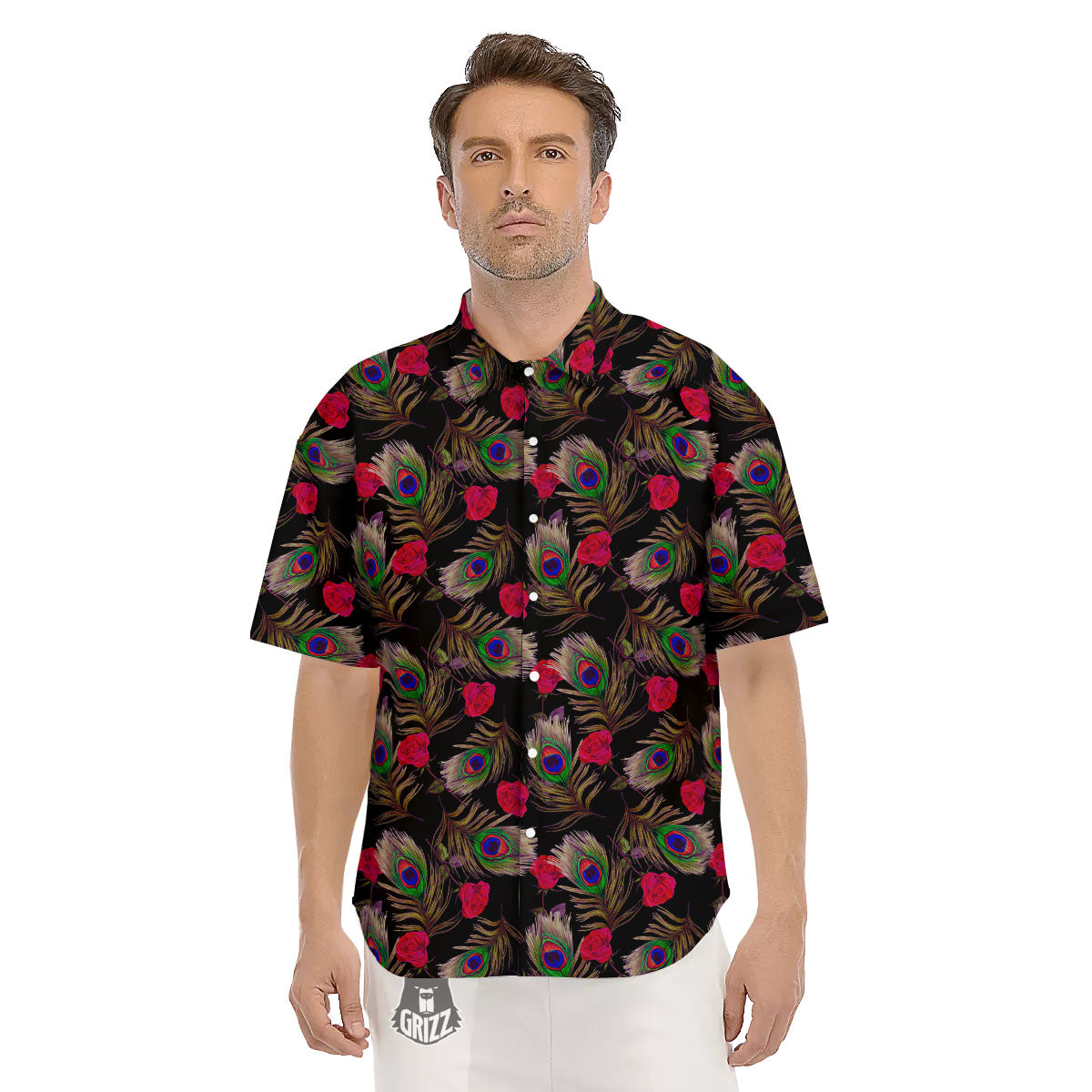 Floral Peacock Feather Print Pattern Men's Short Sleeve Shirts-grizzshop