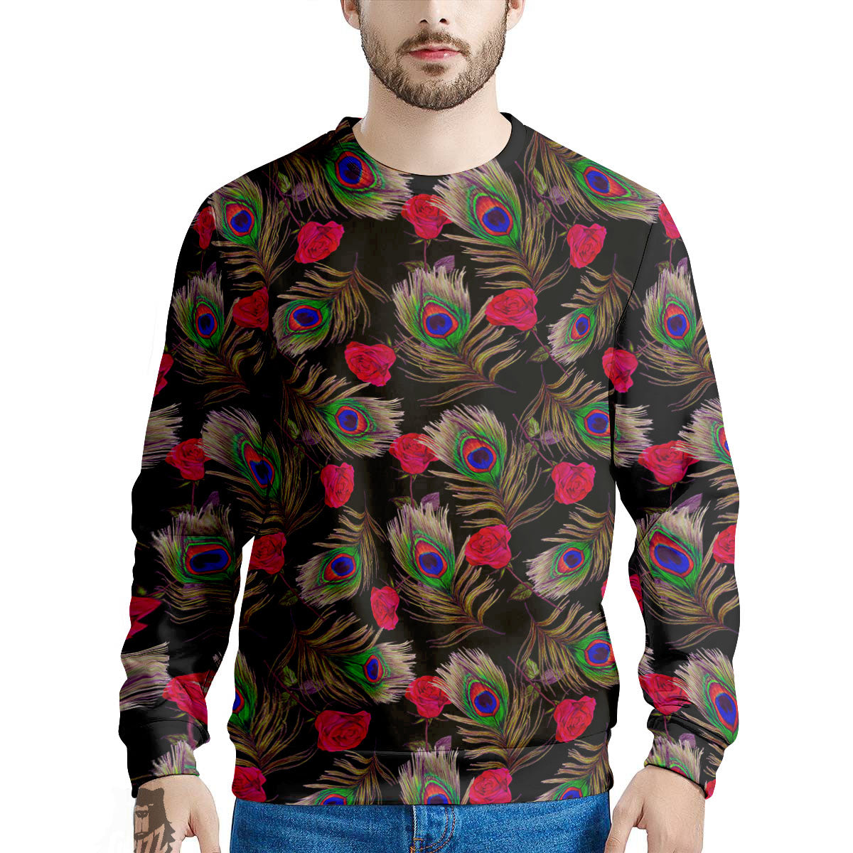 Floral Peacock Feather Print Pattern Men's Sweatshirt-grizzshop