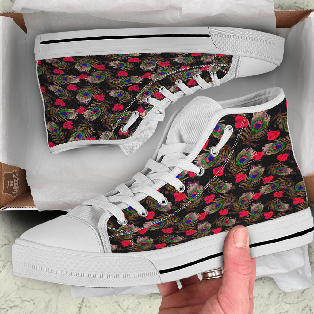 Floral Peacock Feather Print Pattern White High Top Shoes-grizzshop