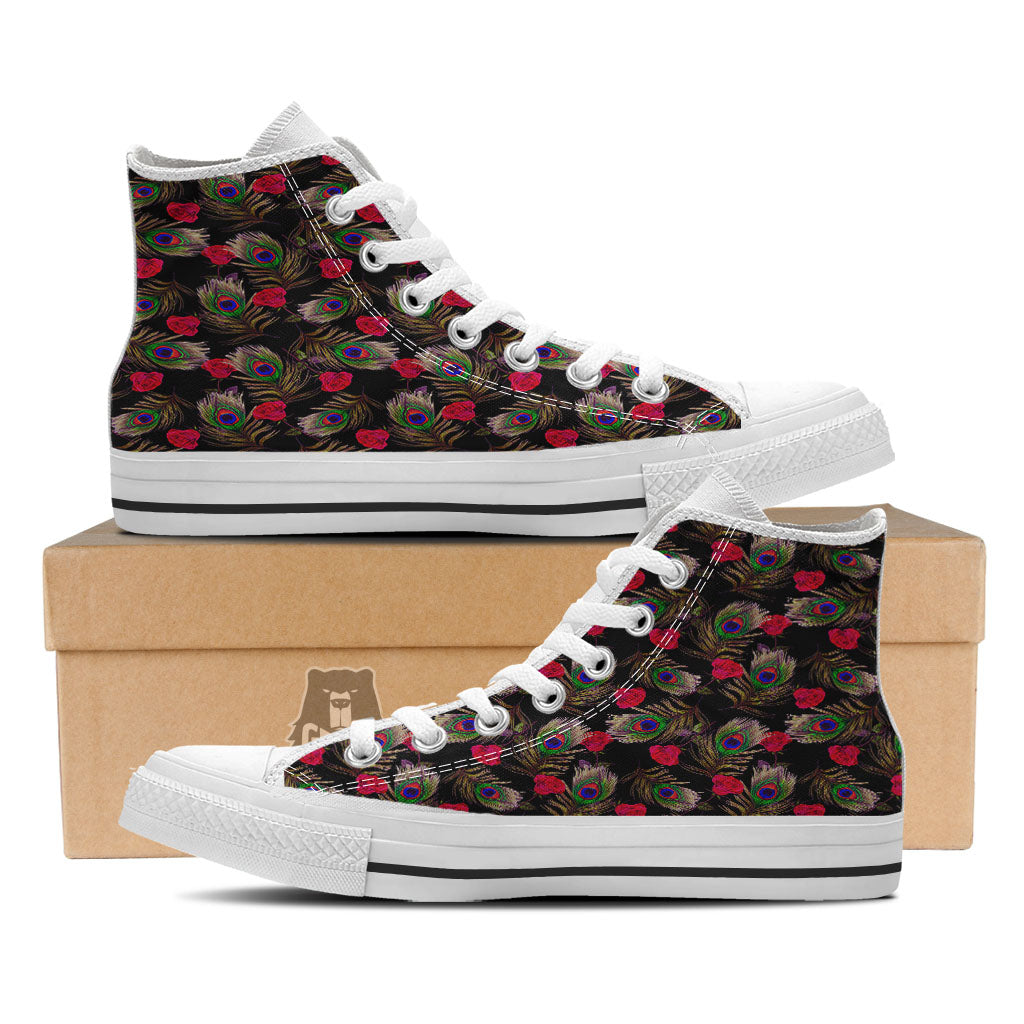 Floral Peacock Feather Print Pattern White High Top Shoes-grizzshop