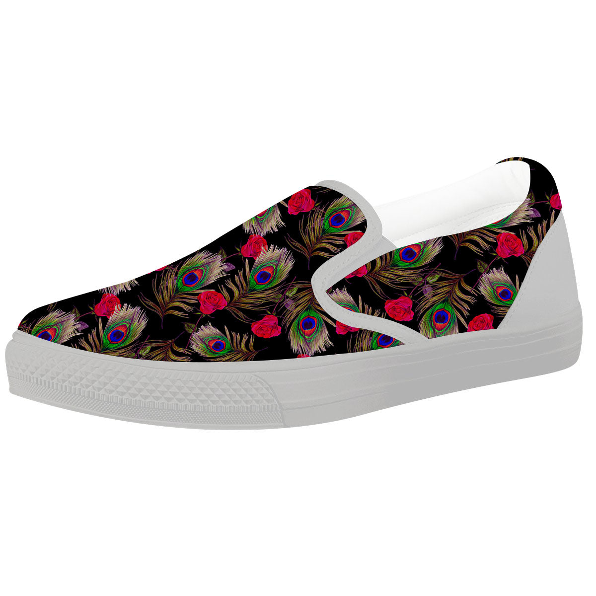 Floral Peacock Feather Print Pattern White Slip On Shoes-grizzshop