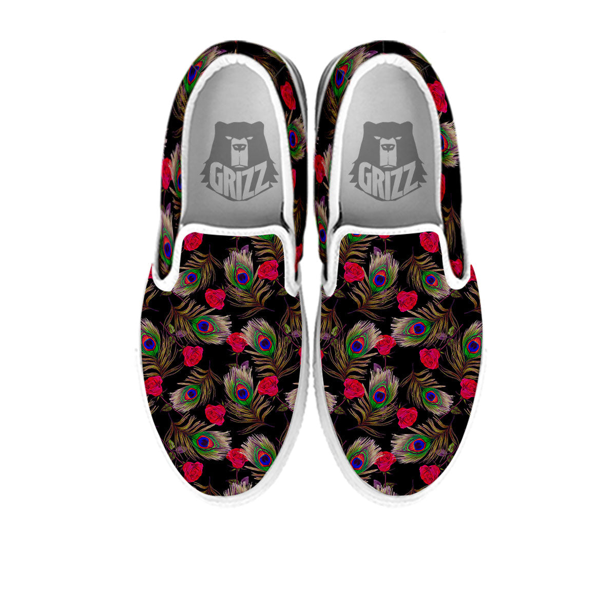 Floral Peacock Feather Print Pattern White Slip On Shoes-grizzshop