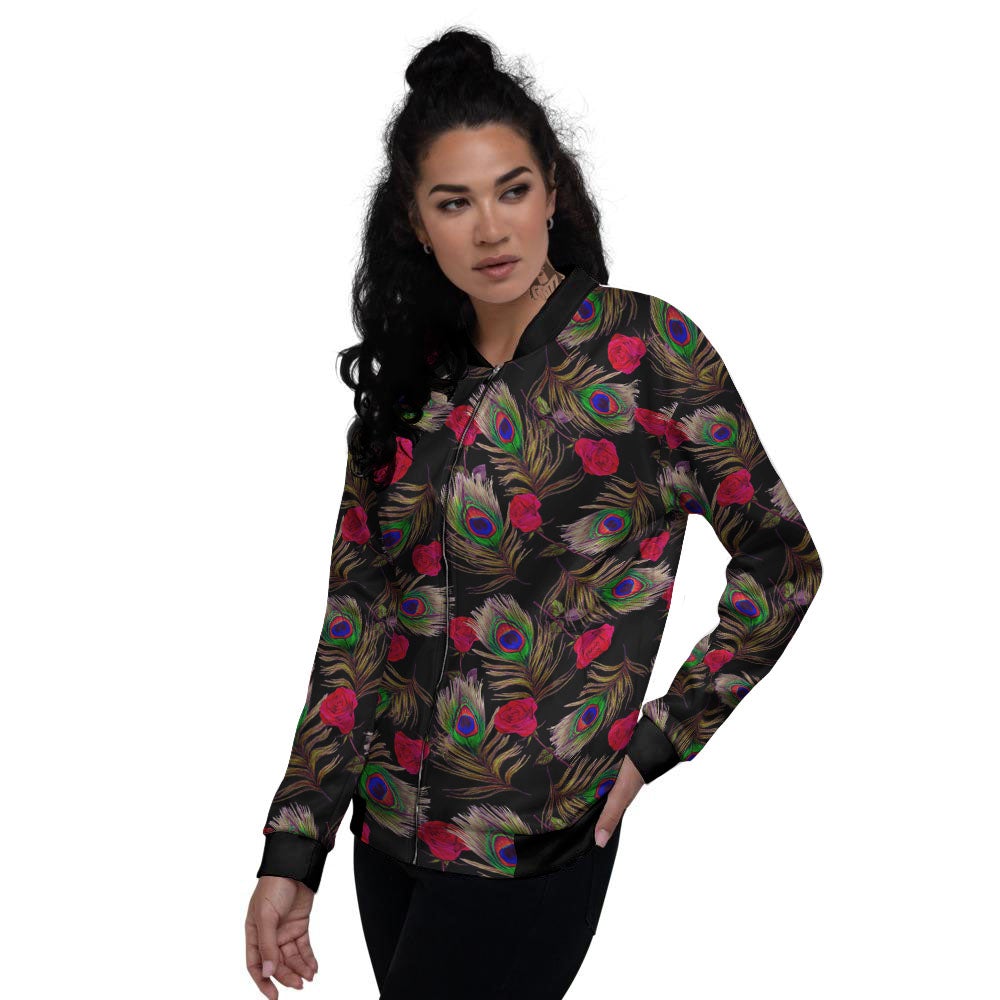 Floral Peacock Feather Print Pattern Women's Bomber Jacket-grizzshop