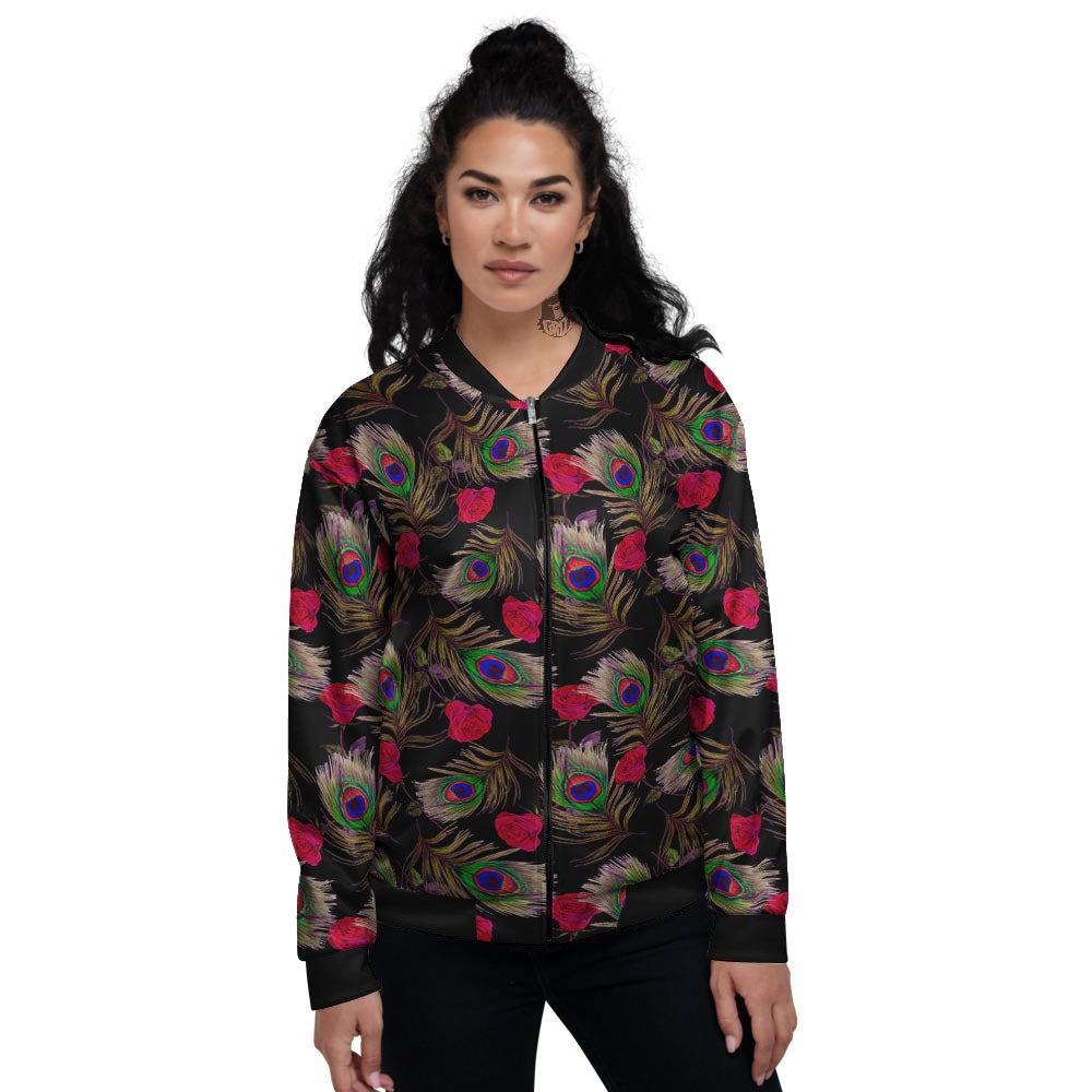 Floral Peacock Feather Print Pattern Women's Bomber Jacket-grizzshop