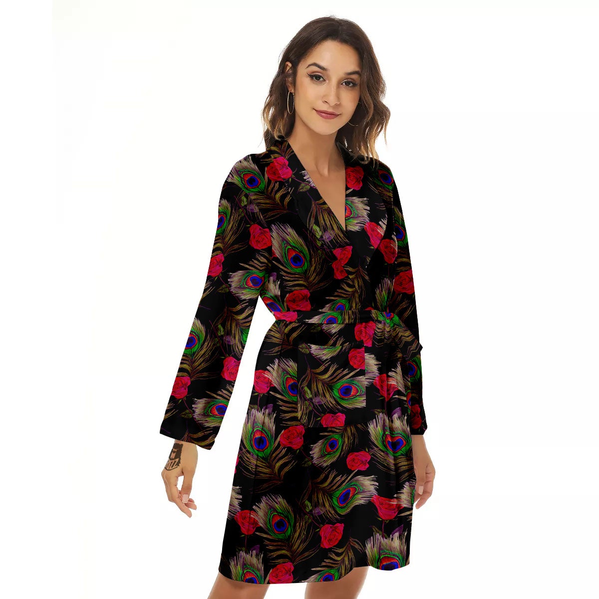 Floral Peacock Feather Print Pattern Women's Robe-grizzshop