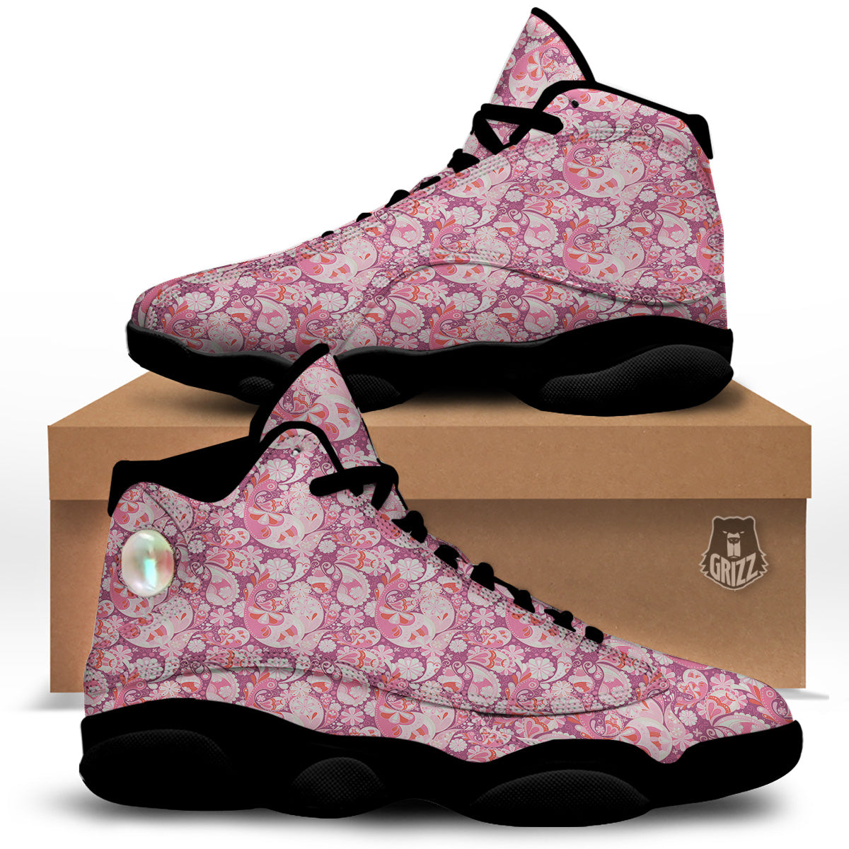 Floral Pink Paisley Print Pattern Black Basketball Shoes-grizzshop