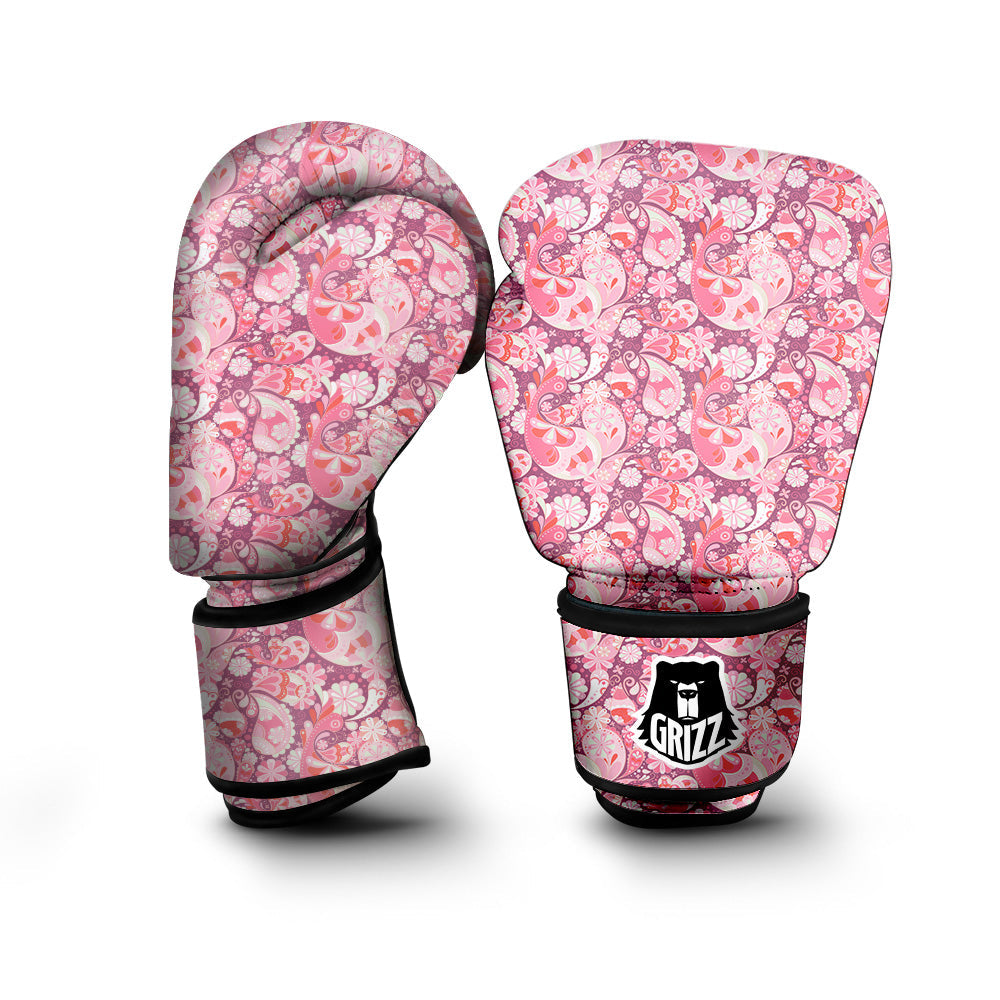 Floral Pink Paisley Print Pattern Boxing Gloves-grizzshop