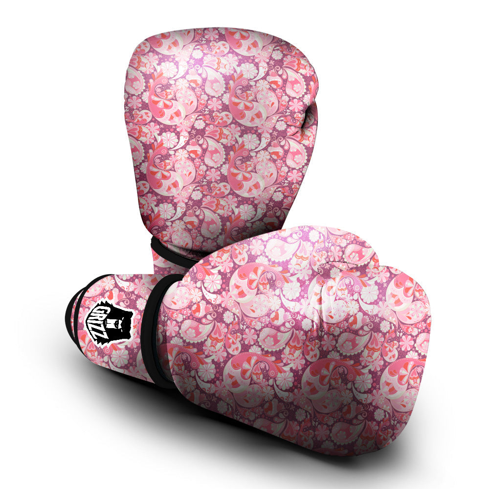 Floral Pink Paisley Print Pattern Boxing Gloves-grizzshop