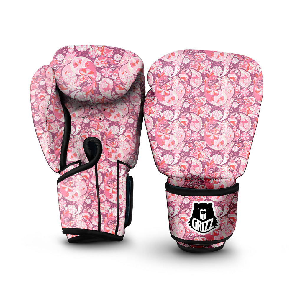 Floral Pink Paisley Print Pattern Boxing Gloves-grizzshop