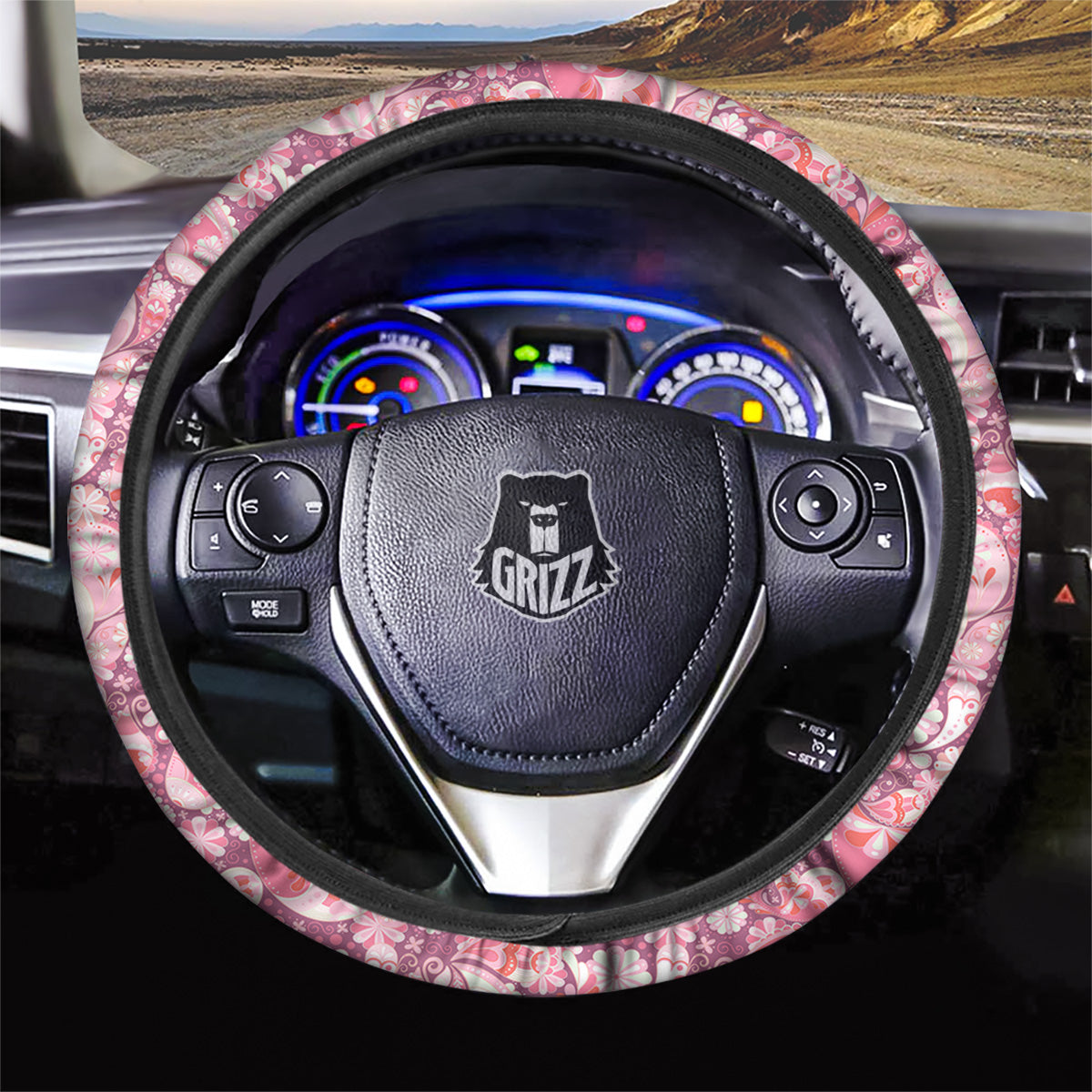 Floral Pink Paisley Print Pattern Car Steering Wheel Cover-grizzshop