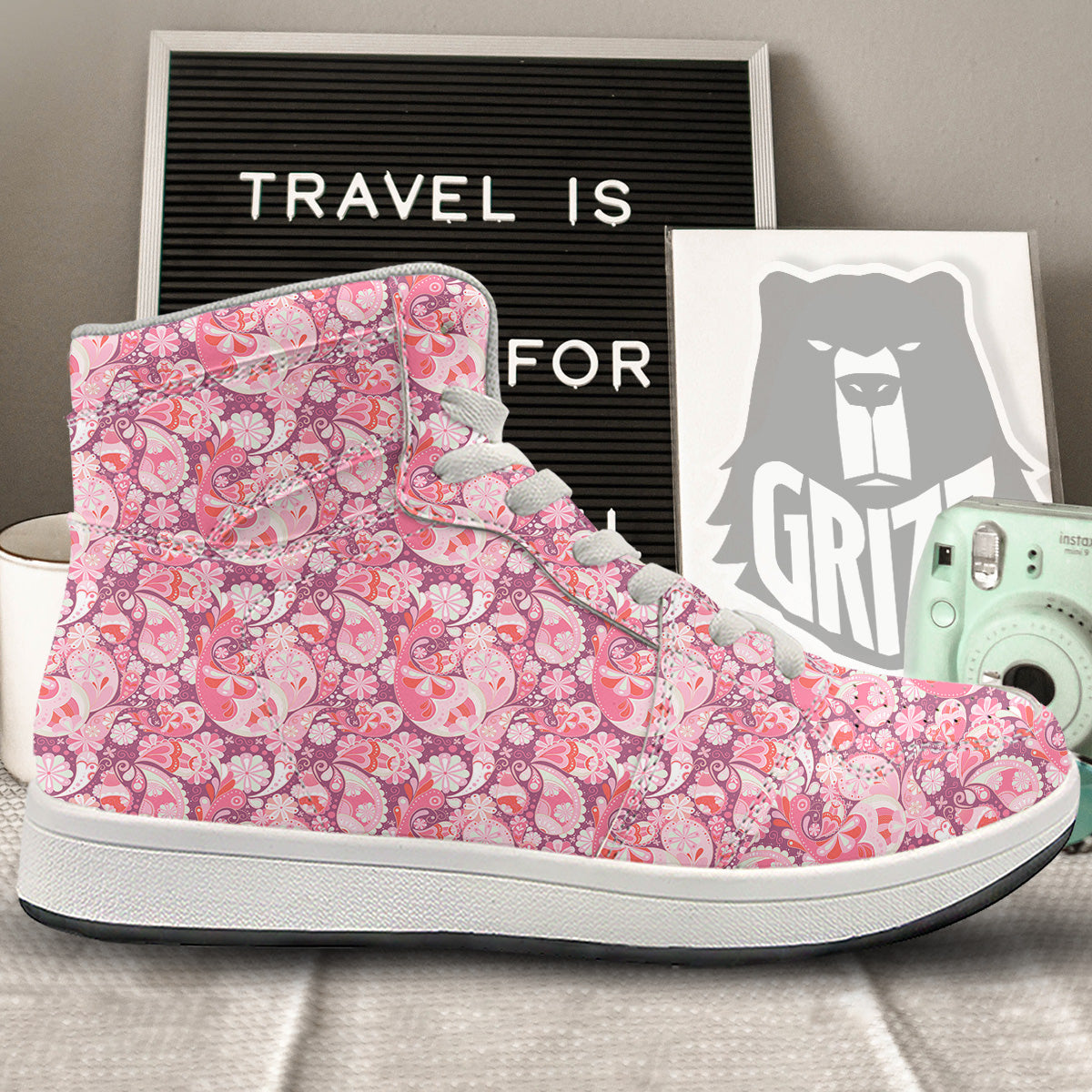 Floral Pink Paisley Print Pattern High Top Sneakers-grizzshop
