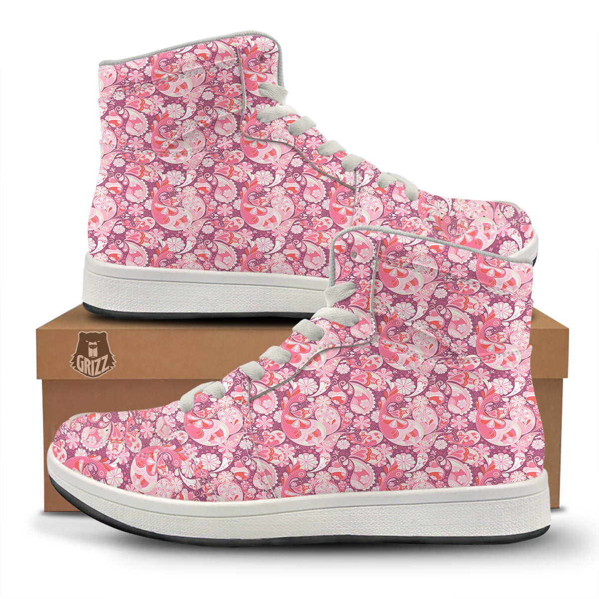 Floral Pink Paisley Print Pattern High Top Sneakers-grizzshop