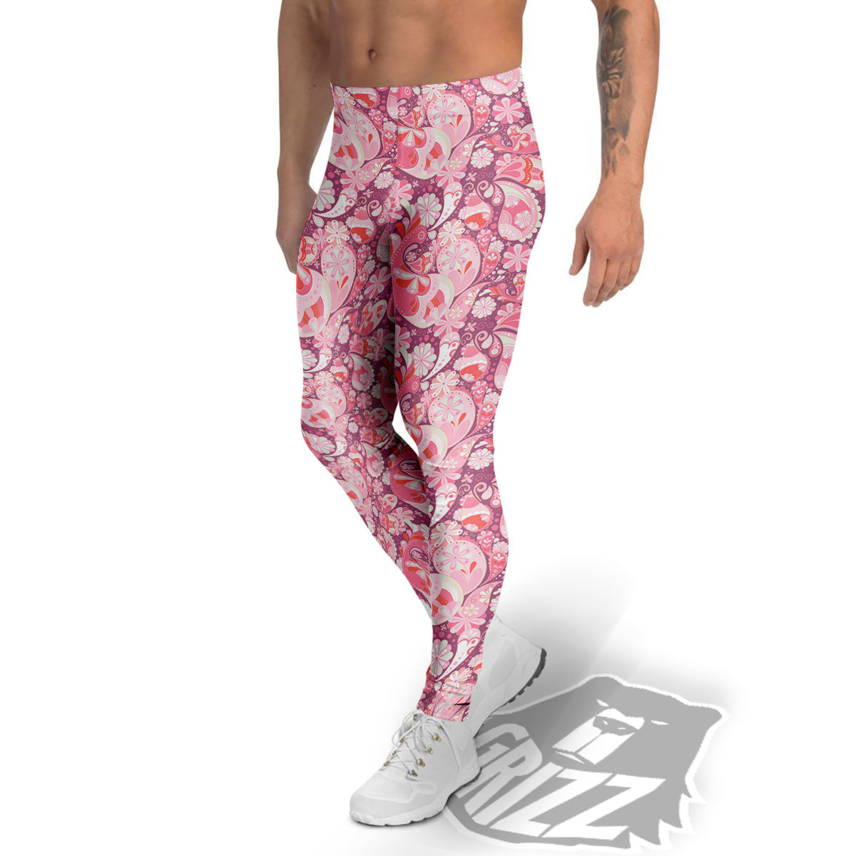 Floral Pink Paisley Print Pattern Men's Leggings-grizzshop