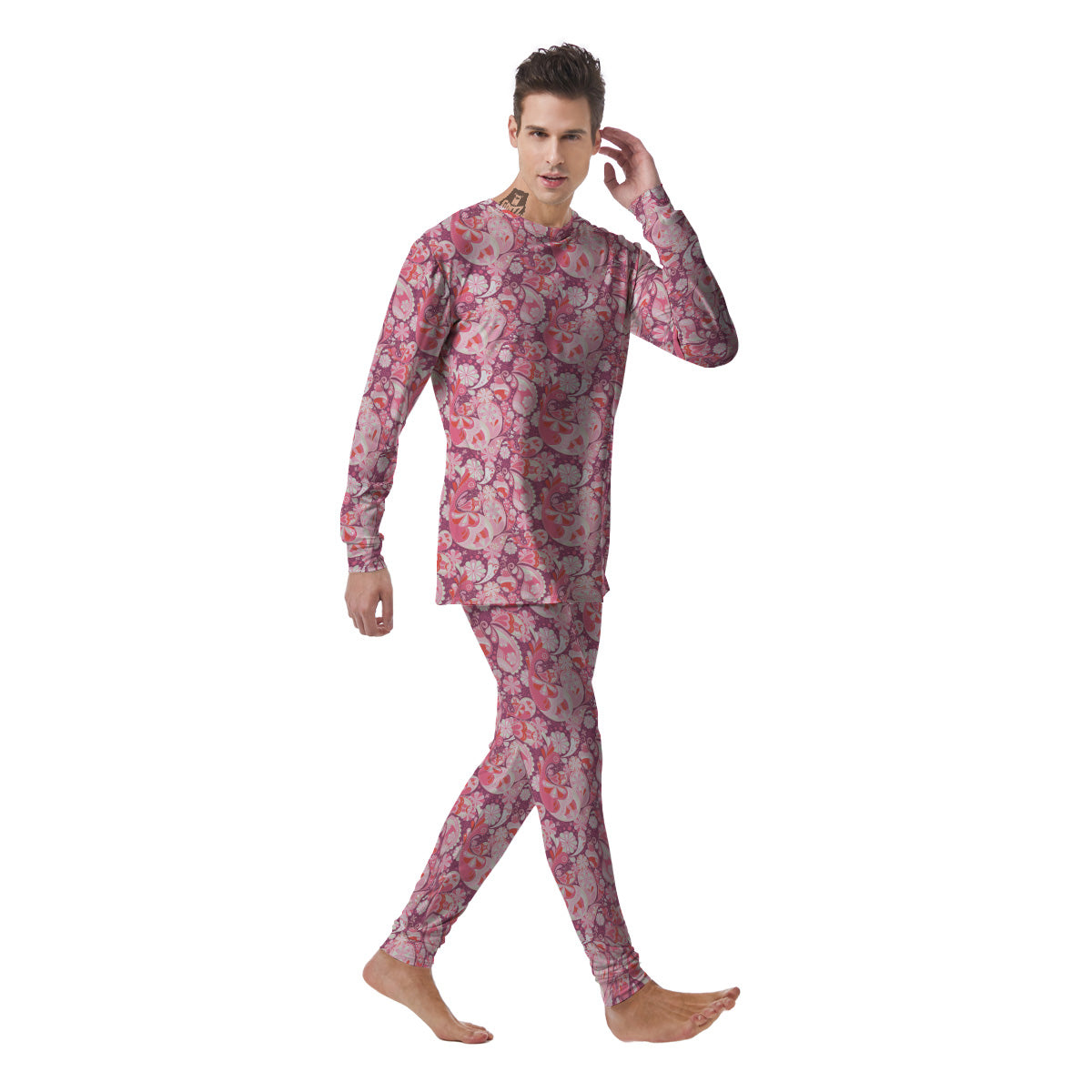 Floral Pink Paisley Print Pattern Men's Pajamas-grizzshop