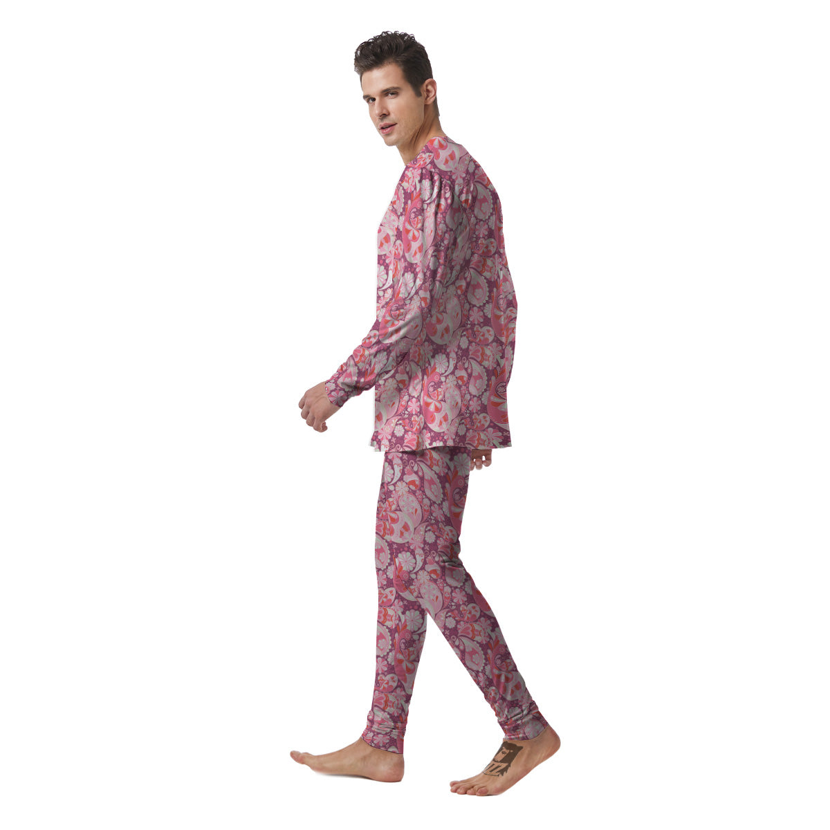 Floral Pink Paisley Print Pattern Men's Pajamas-grizzshop