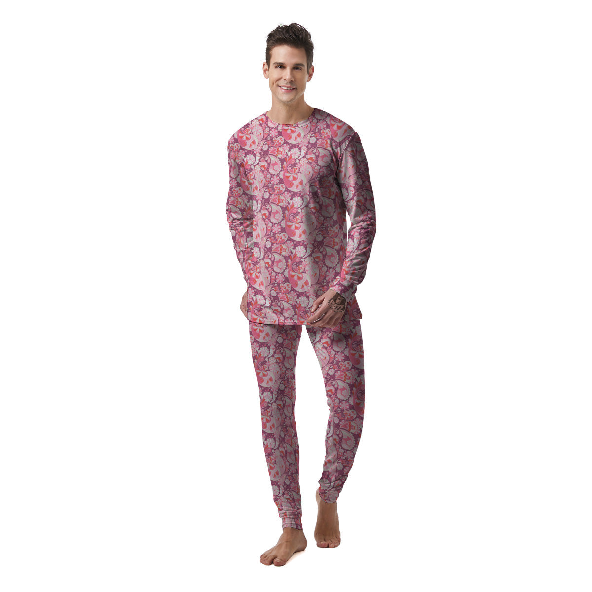 Floral Pink Paisley Print Pattern Men's Pajamas-grizzshop