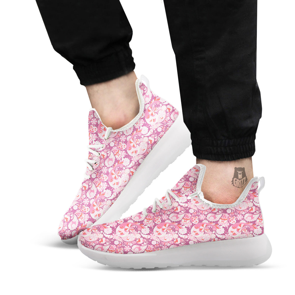 Floral Pink Paisley Print Pattern White Athletic Shoes-grizzshop
