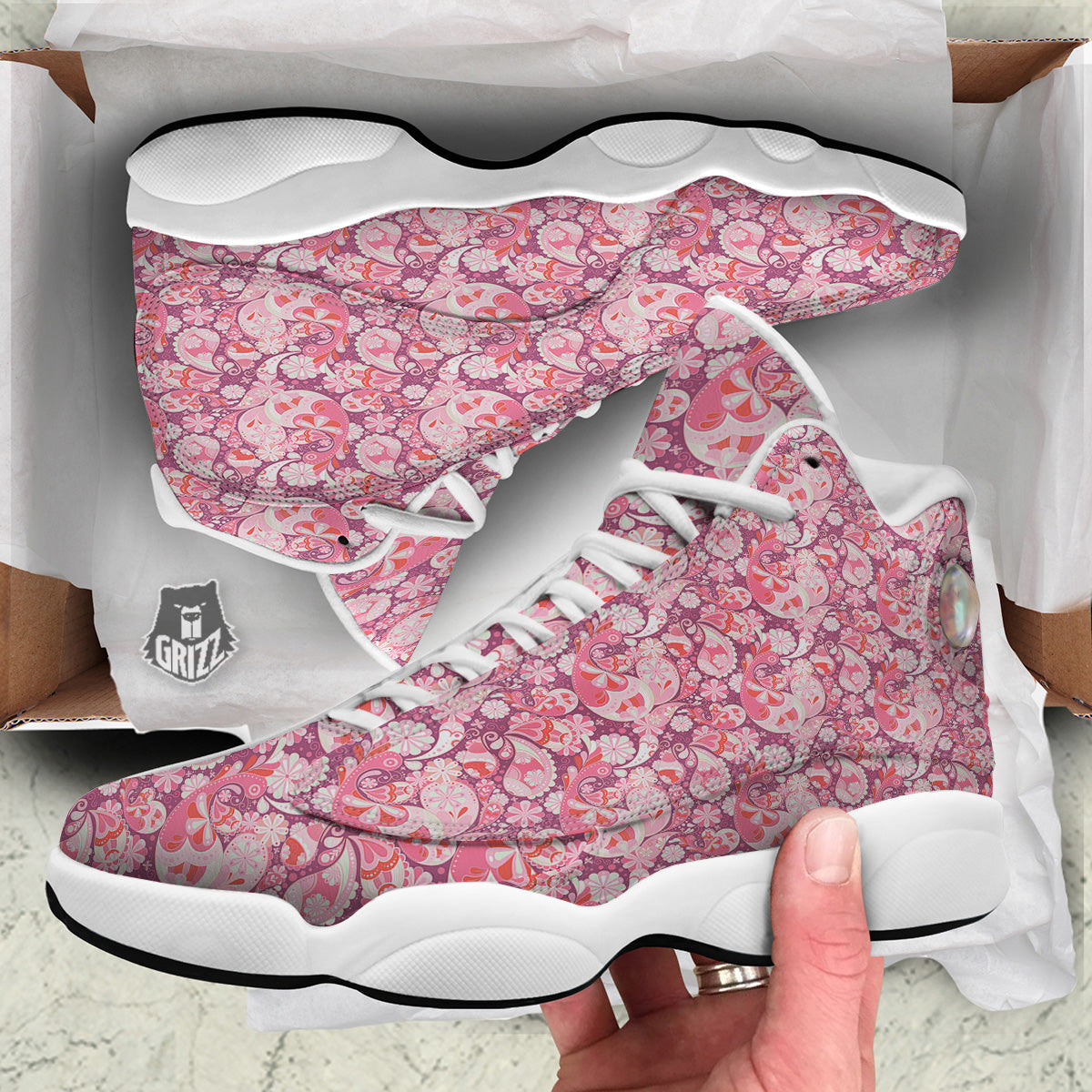 Floral Pink Paisley Print Pattern White Basketball Shoes-grizzshop
