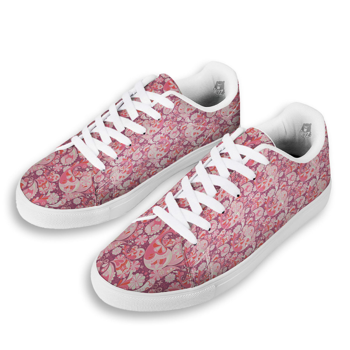 Floral Pink Paisley Print Pattern White Low Top Sneakers-grizzshop