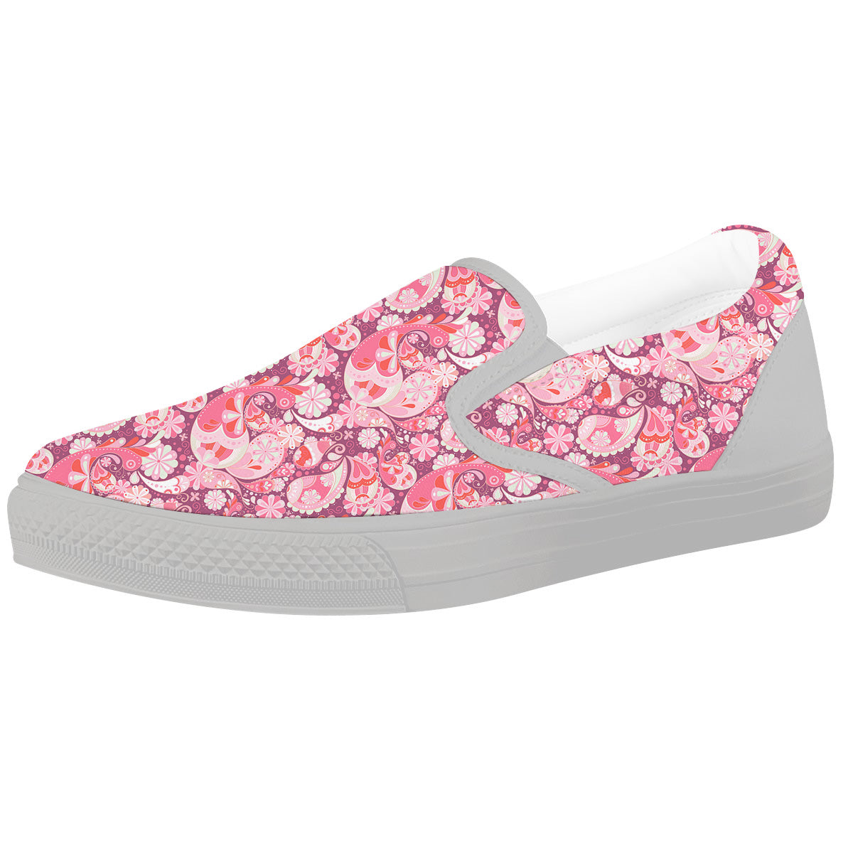 Floral Pink Paisley Print Pattern White Slip On Shoes-grizzshop