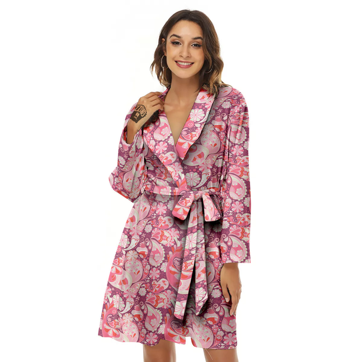 Floral Pink Paisley Print Pattern Women's Robe-grizzshop
