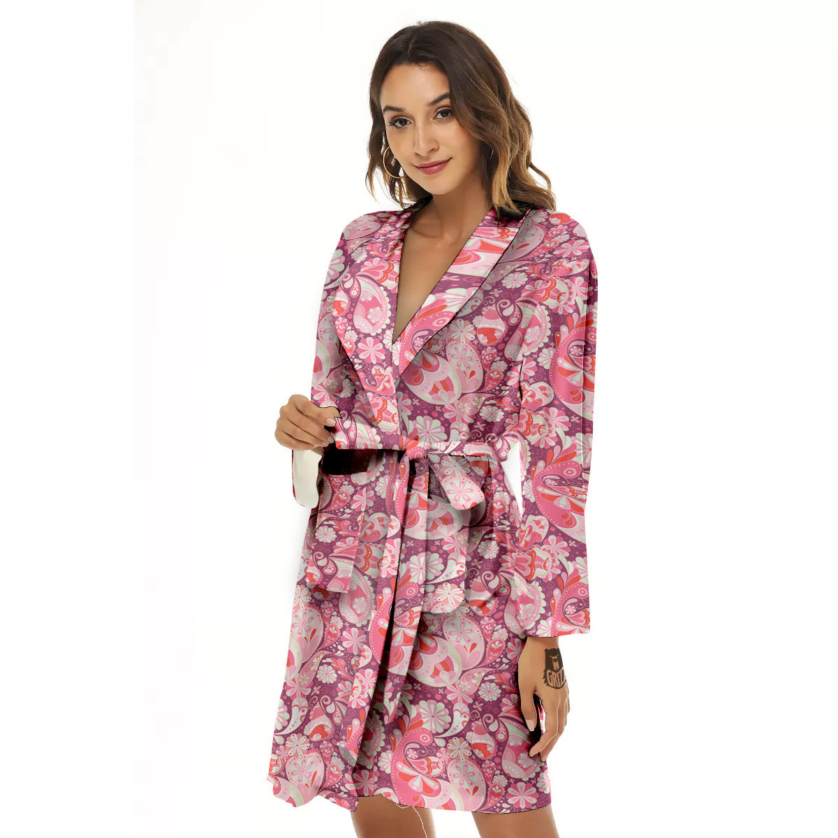 Floral Pink Paisley Print Pattern Women's Robe-grizzshop