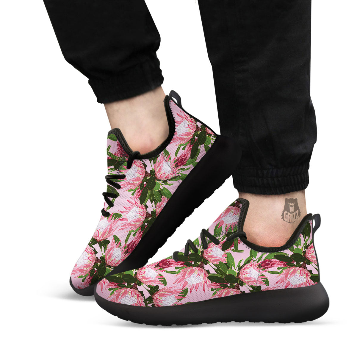Floral Protea Print Pattern Black Athletic Shoes-grizzshop