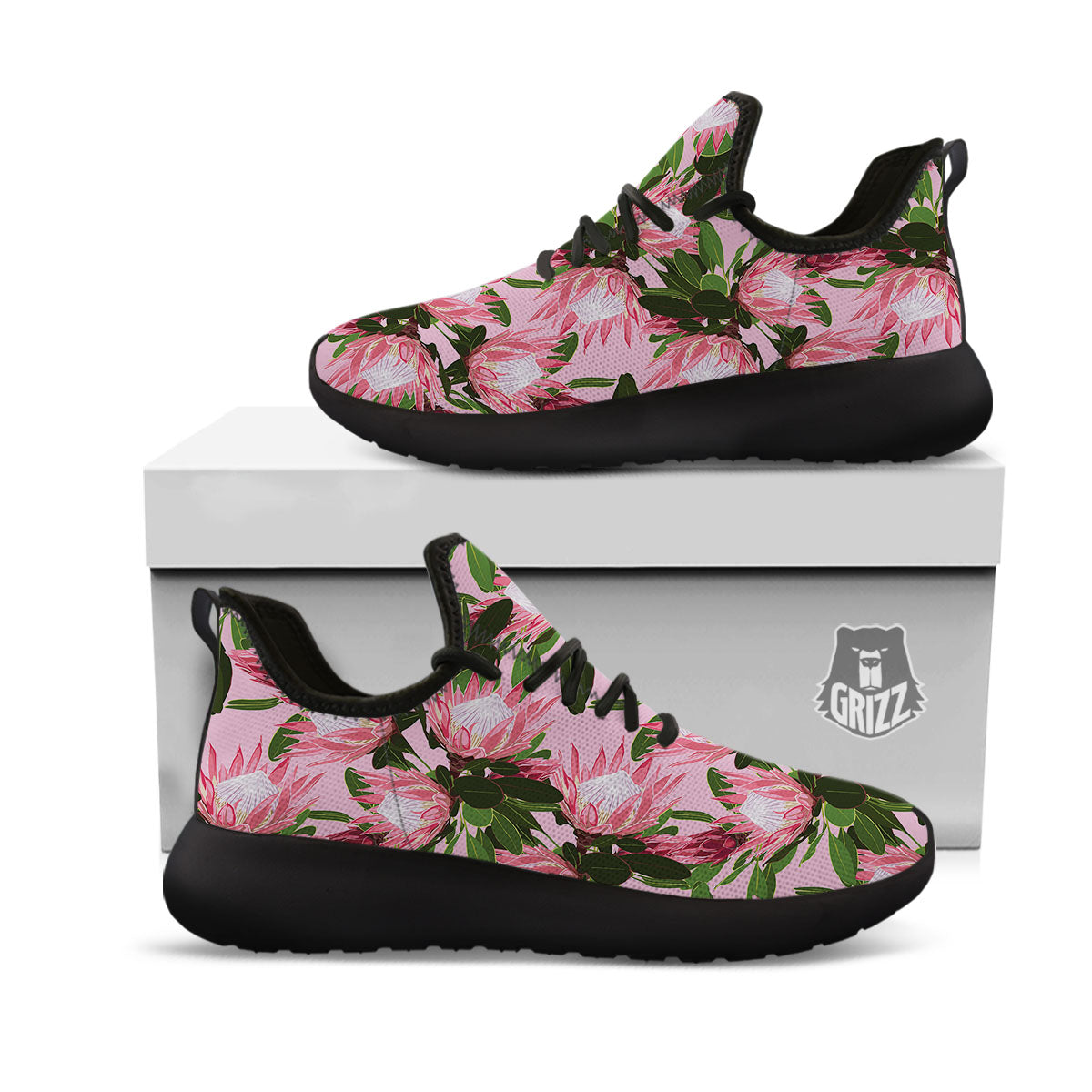 Floral Protea Print Pattern Black Athletic Shoes-grizzshop