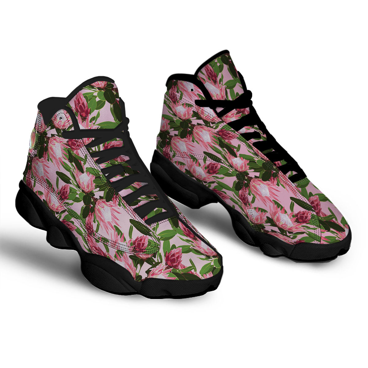 Floral Protea Print Pattern Black Basketball Shoes-grizzshop