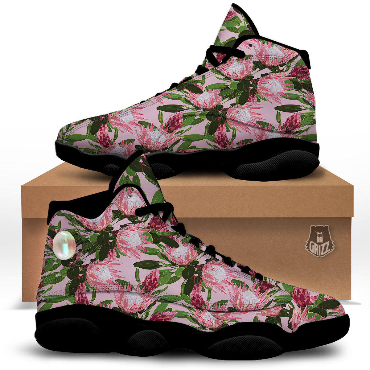 Floral Protea Print Pattern Black Basketball Shoes-grizzshop