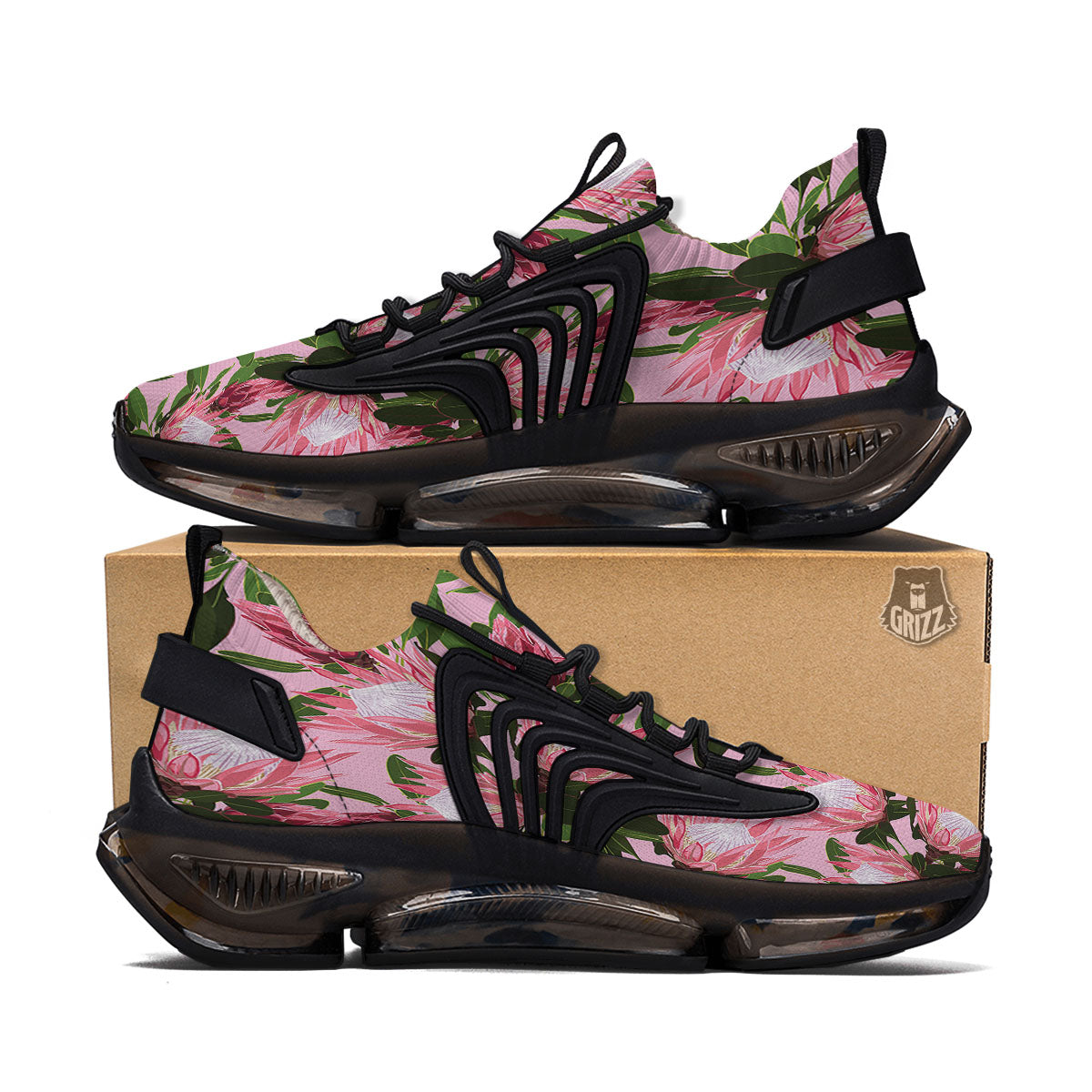 Floral Protea Print Pattern Black Gym Shoes-grizzshop