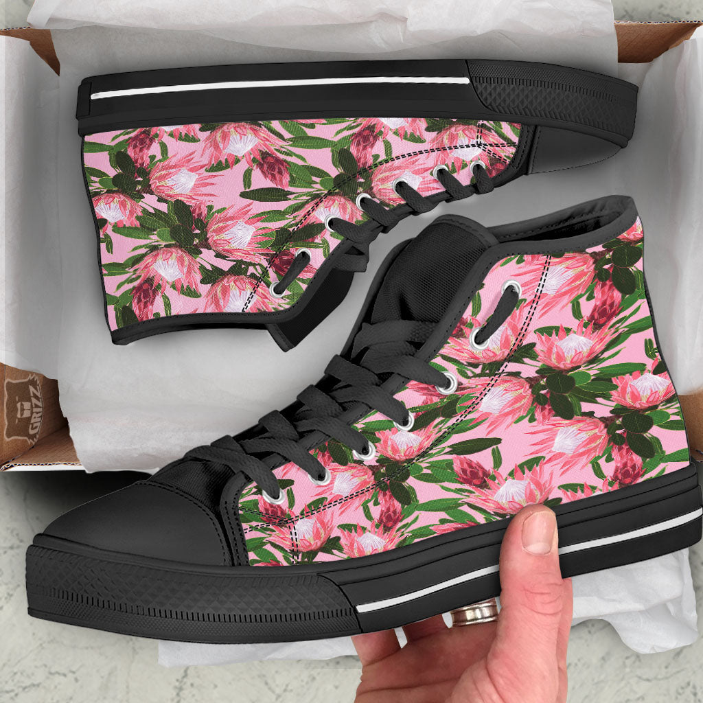 Floral Protea Print Pattern Black High Top Shoes-grizzshop