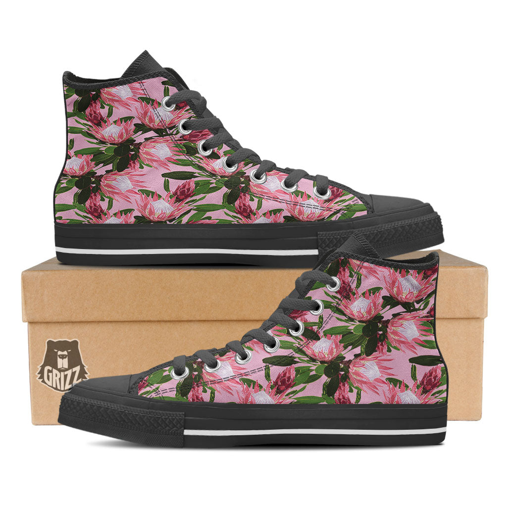 Floral Protea Print Pattern Black High Top Shoes-grizzshop