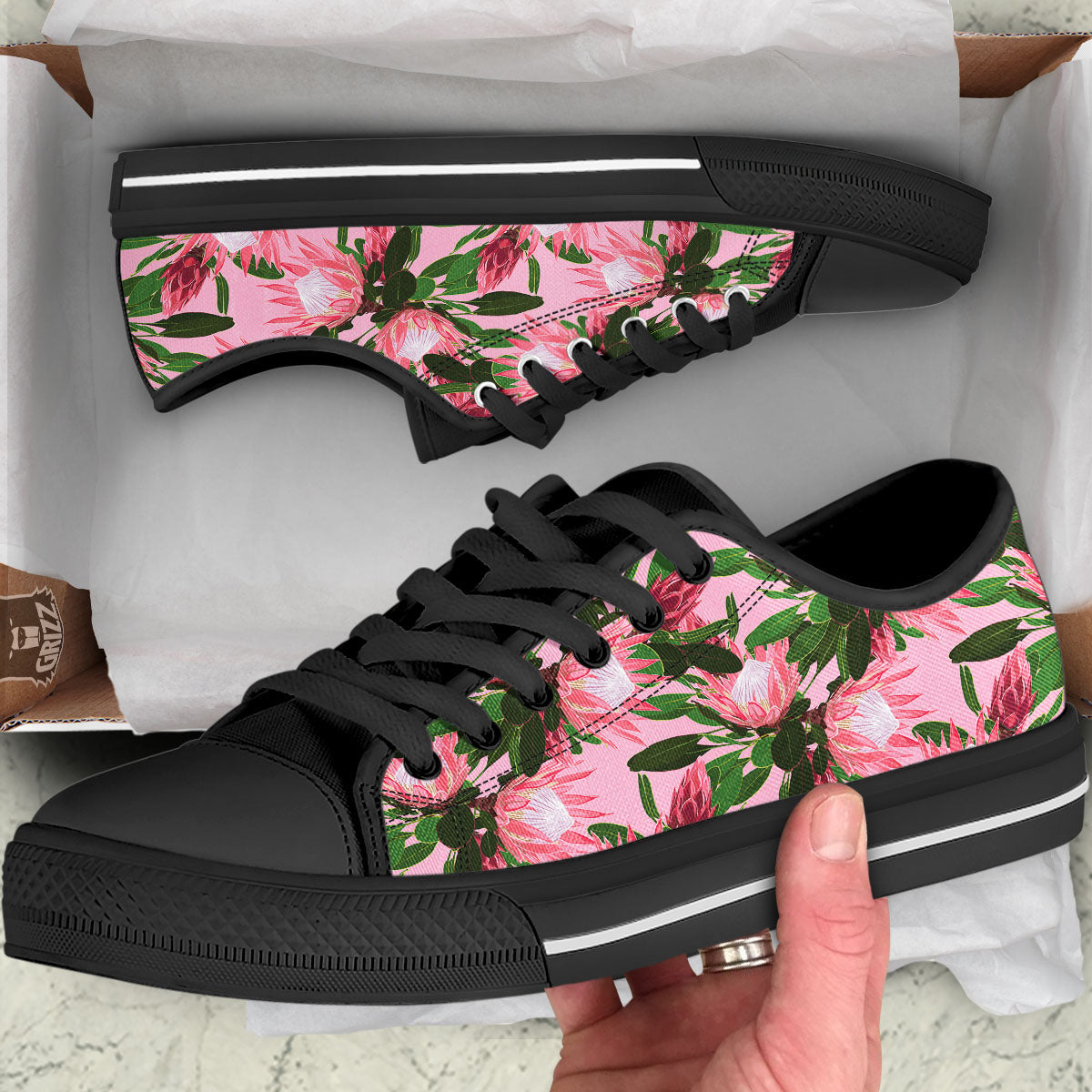 Floral Protea Print Pattern Black Low Top Shoes-grizzshop