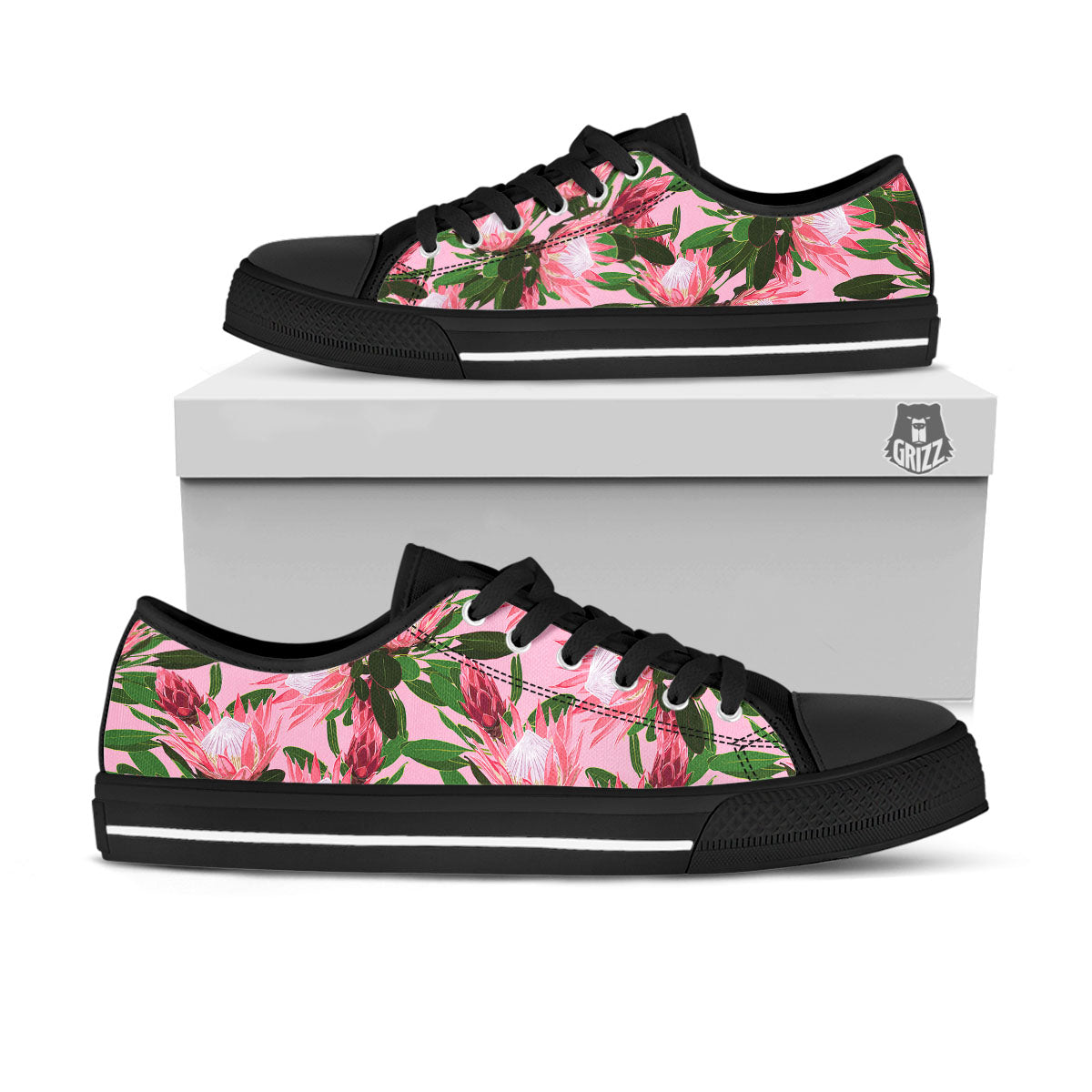 Floral Protea Print Pattern Black Low Top Shoes-grizzshop