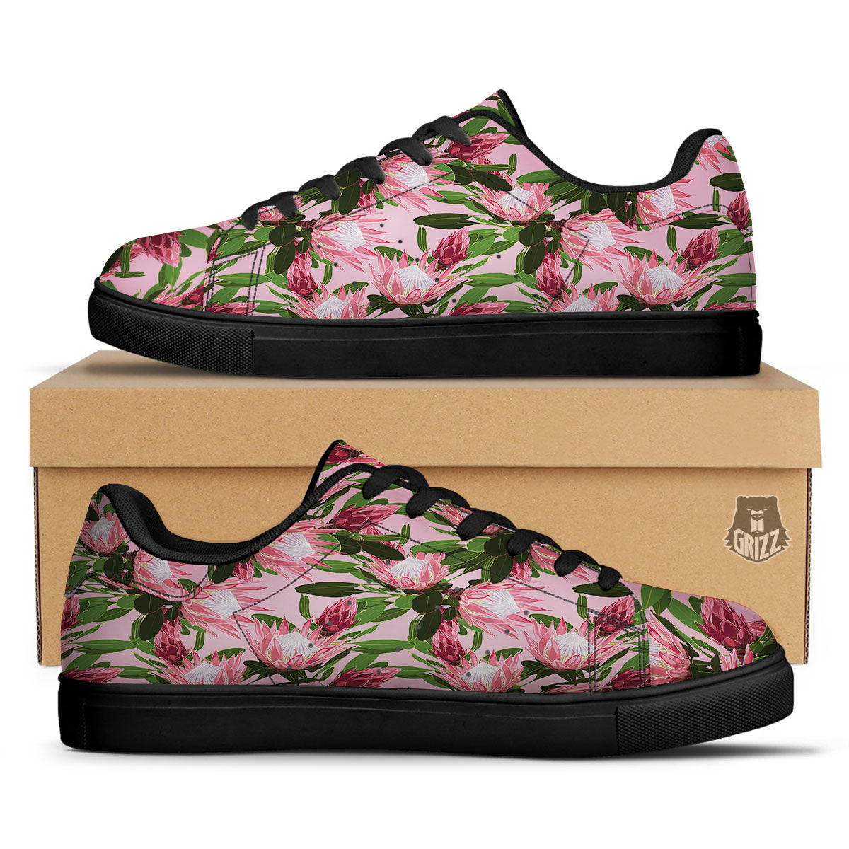 Floral Protea Print Pattern Black Low Top Sneakers-grizzshop