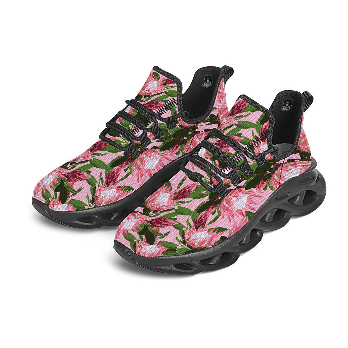 Floral Protea Print Pattern Black Running Shoes-grizzshop