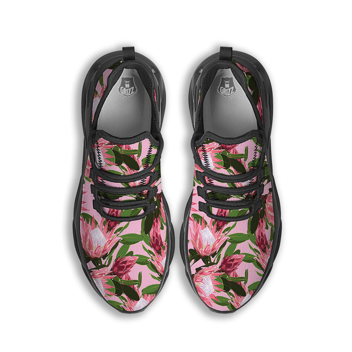 Floral Protea Print Pattern Black Running Shoes-grizzshop