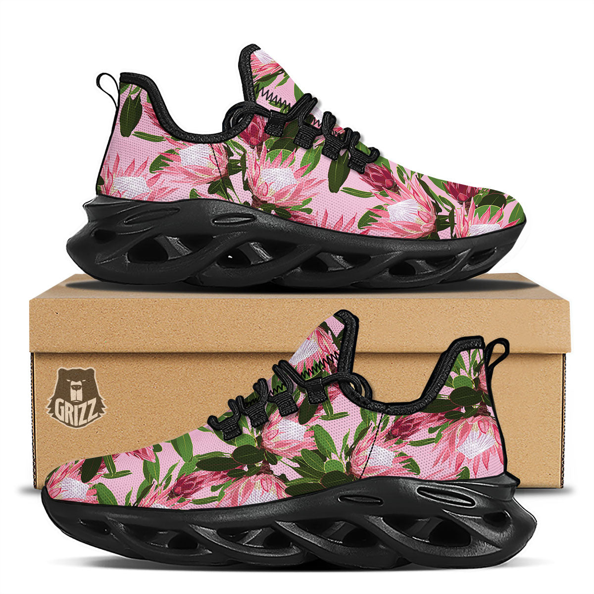 Floral Protea Print Pattern Black Running Shoes-grizzshop