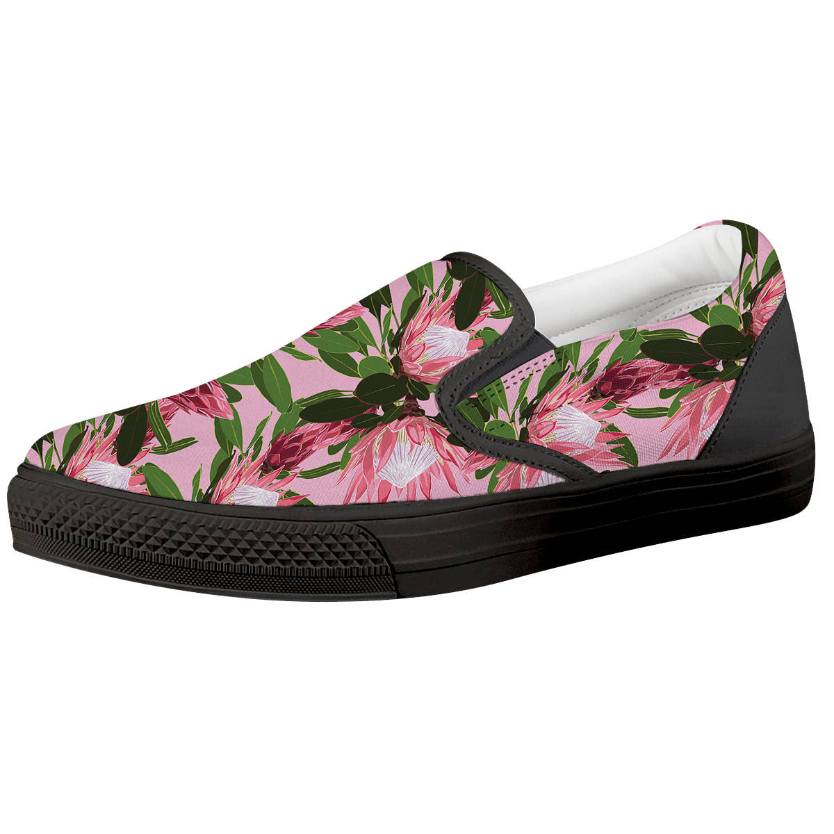 Floral Protea Print Pattern Black Slip On Shoes-grizzshop