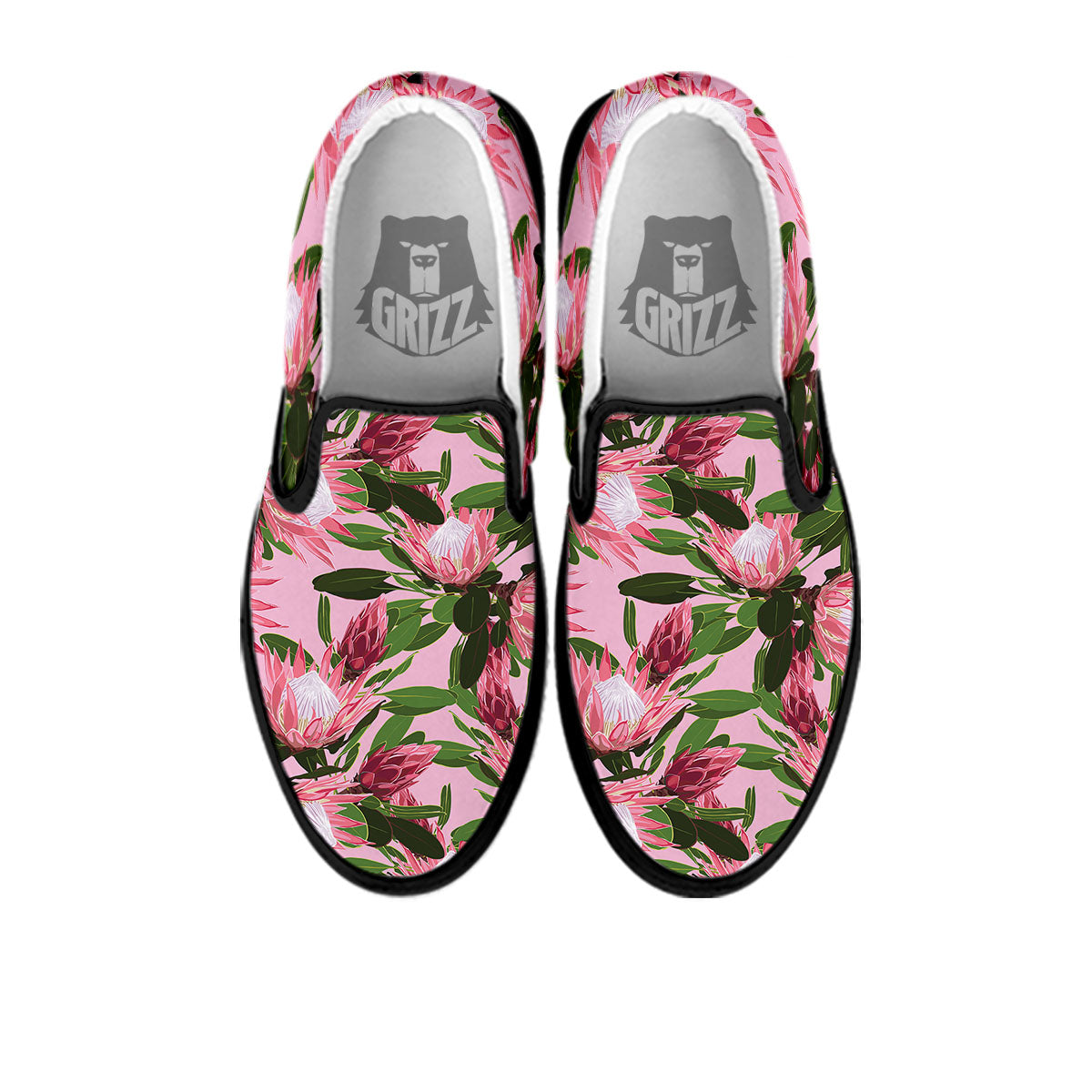 Floral Protea Print Pattern Black Slip On Shoes-grizzshop