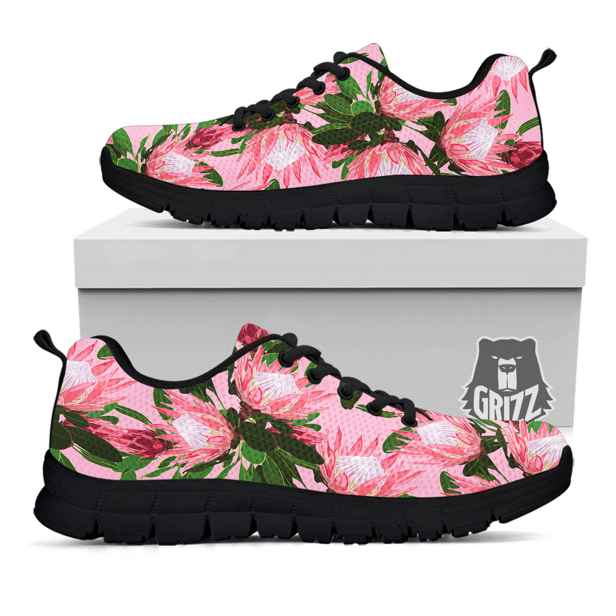 Floral Protea Print Pattern Black Sneaker-grizzshop