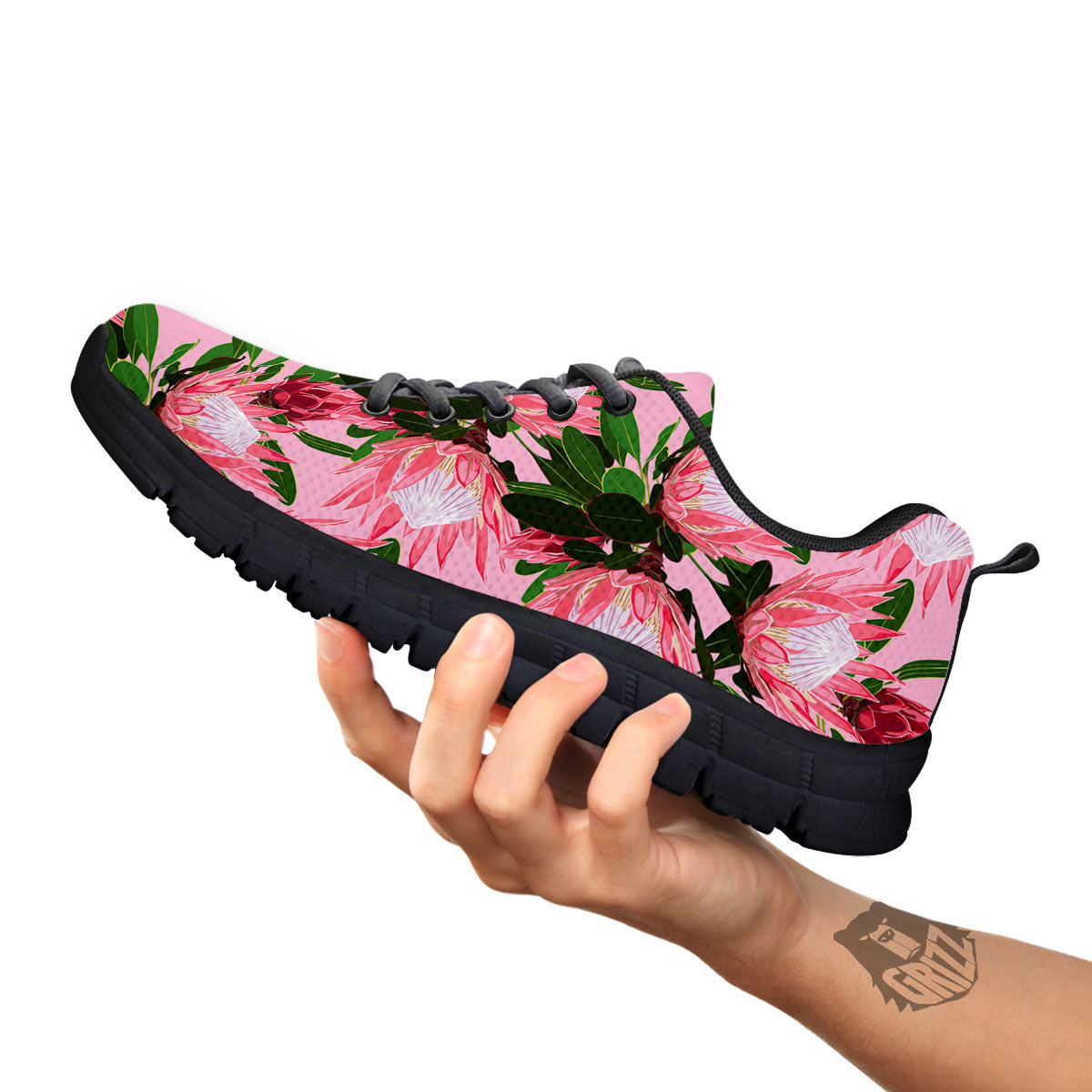 Floral Protea Print Pattern Black Sneaker-grizzshop