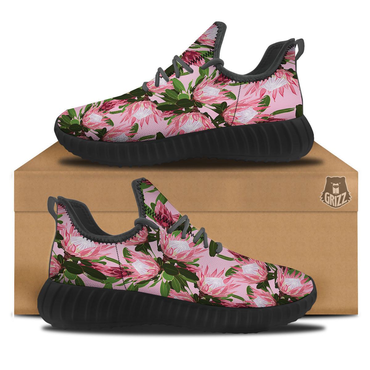 Floral Protea Print Pattern Black Walking Shoes-grizzshop