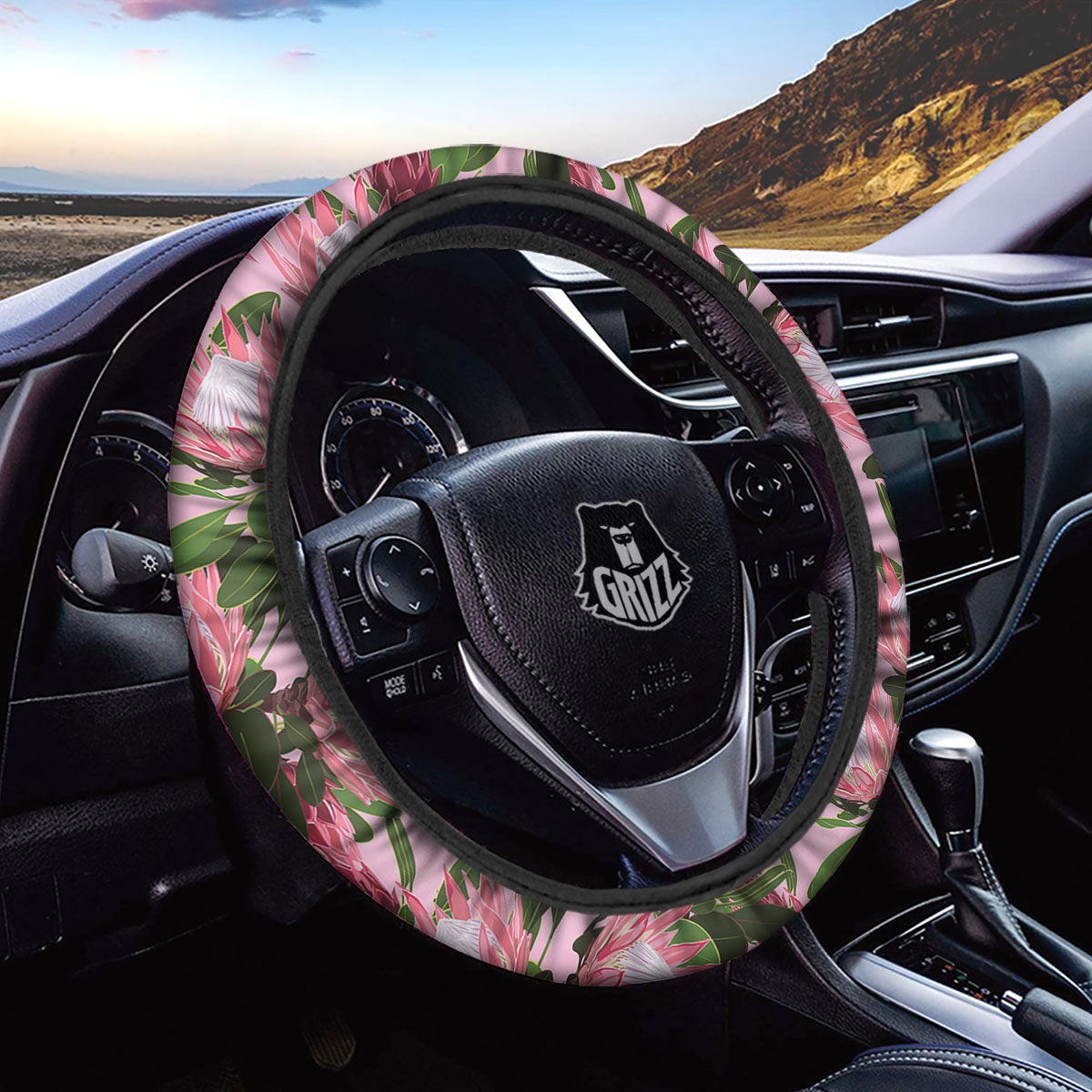 Floral Protea Print Pattern Car Steering Wheel Cover-grizzshop