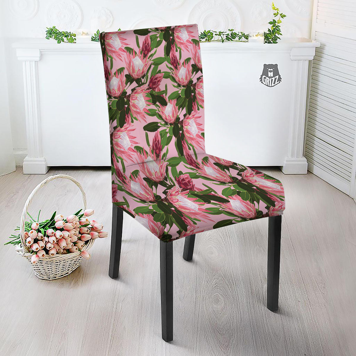 Floral Protea Print Pattern Dining Chair Slipcover-grizzshop